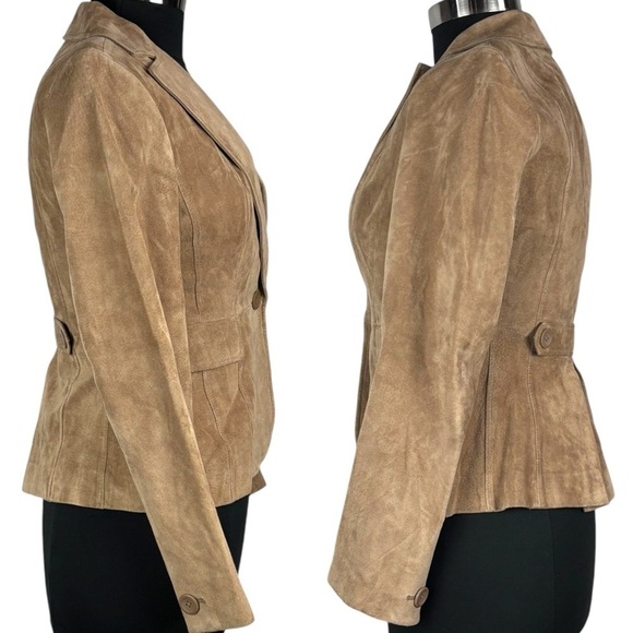 ANN TAYLOR LOFT SUEDE LEATHER TAN RETRO SINGLE BUTTON COLLARED BLAZER JACKET - Picture 6 of 13